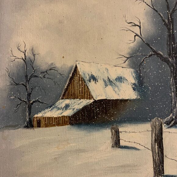 Original‎ Oil Painting Snowy Landscape Country Barn Sky Wood Frame 14x17 - Picture 3 of 11